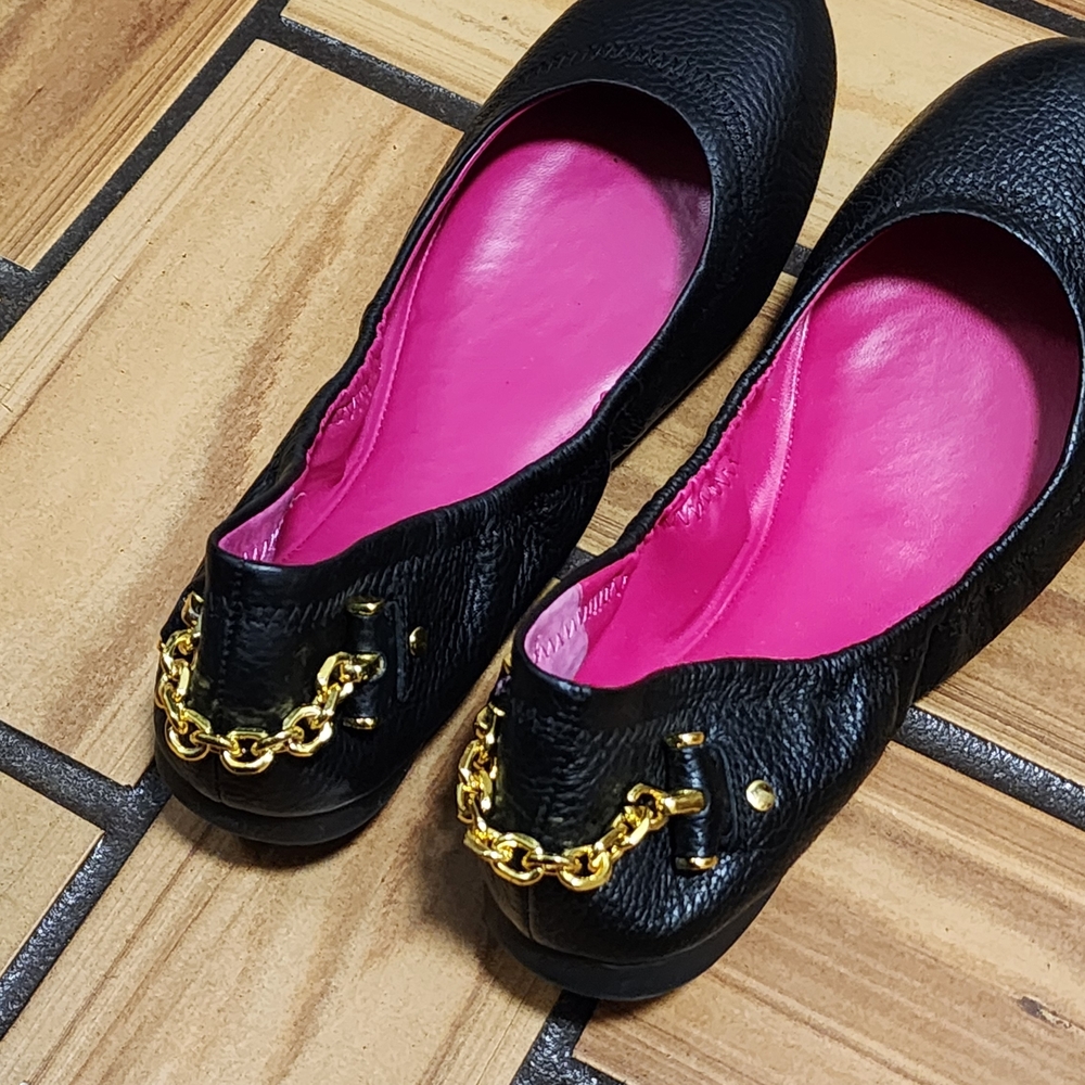 Ralph Lauren Black Leather Flats with Pink Insole and Gold Chain